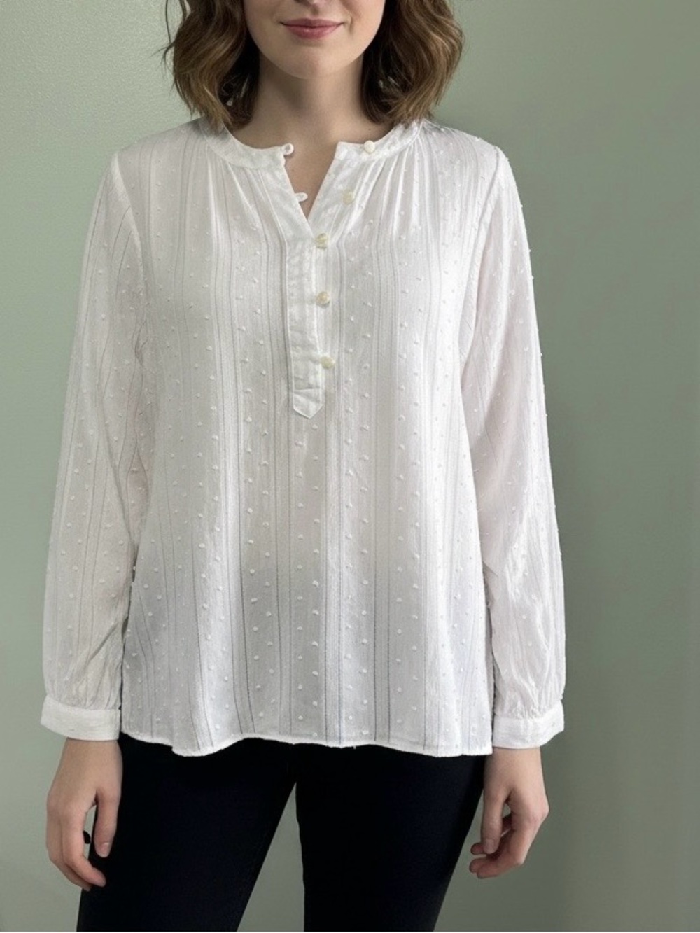 Alex Mill White Swiss Dot Button-Front Blouse Cotton Long Sleeve Size Large